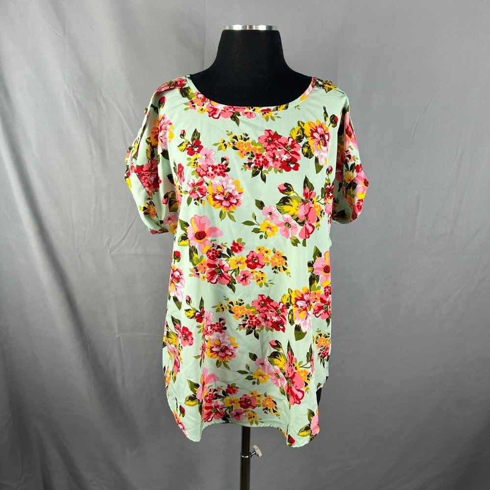 MPH Collection Blouse Top Womens 1X Plus Multicolor Floral Curved Hem Minimalist